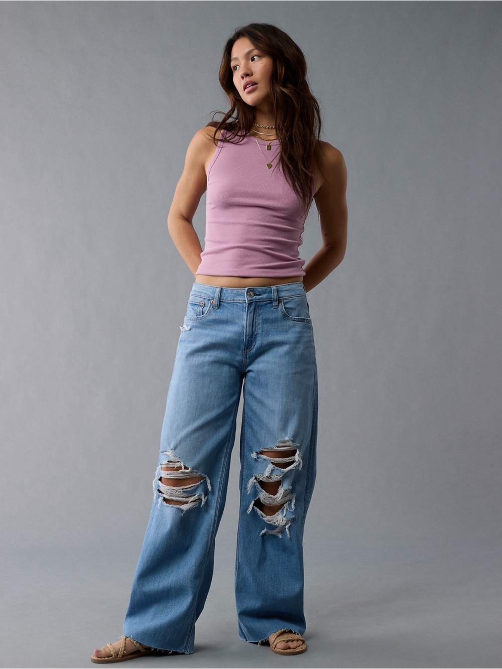 American Eagle Dreamy Drape Low Rise Distressed Wide Leg Baggy Jeans